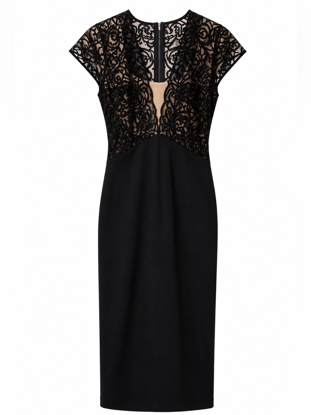 imPRESS Caviar Black Lace-Overlay Midi Dress with Nude Underlay